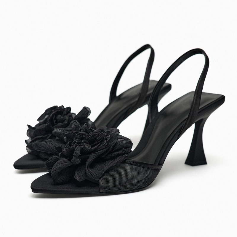 ZARA2023秋季新品女鞋黑色花朵裝飾網布涼鞋中空露趾法式氣質高跟鞋