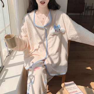 臺灣出貨 ins風網紅法蘭絨睡衣女秋冬季開衫加厚保暖珊瑚絨寬鬆卡通家居服棉質 睡衣 空調服睡衣女 家居服兩件套SY