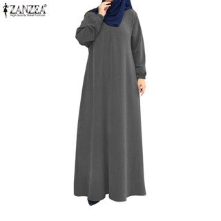 Zanzea 女士穆斯林工作日常休閒長袖泡泡袖拉鍊連衣裙