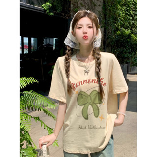 臺灣 100%純棉短袖 韓版蝴蝶結印花 T恤上衣 美式百搭服飾 ins潮流 大尺碼女裝 通勤衫
