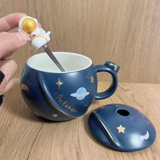 馬克杯 保冰杯 隨行杯 太空人星球陶瓷馬克杯帶蓋勺男女生情侶系列喝水杯子咖啡杯早餐杯