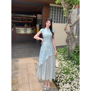【桃喜Rich現貨】大碼旗袍 夏季新款中國風藍色旗袍 新中式禪意改良旗袍 復古氣質連衣裙女 顯瘦長版旗袍洋裝