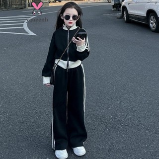 【YAOEENH】120-170CM 春秋款女童休閒運動套裝 中大童條槓小外套寬褲兩件套 現貨 快速出貨