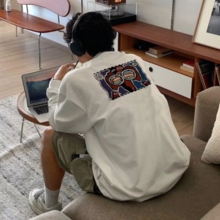 【HOT 本舖】男裝 M-5XL 中國 常規美式復古 動漫寬鬆 純棉長袖T恤男 青少年 夏季 印花圓領T恤