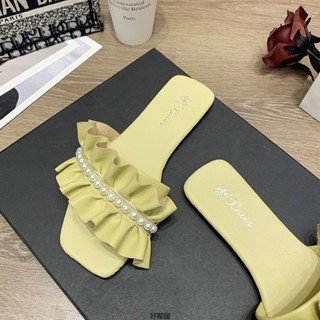 🔥臺灣出貨🔥拖鞋女荷葉邊珍珠2021年新款夏季平底一字外穿羅馬涼拖鞋女鞋 拖鞋涼鞋 兩穿拖鞋 懶人鞋女