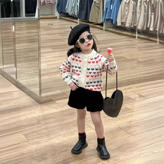 兒童春季休閒套裝 女童韓版彩色針織外套+黑色花苞褲套裝
