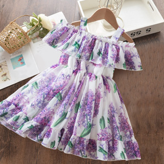 夏季幼童嬰兒洋裝薰衣草紫色花朵印花公主洋裝兒童女孩吊帶生日洋裝