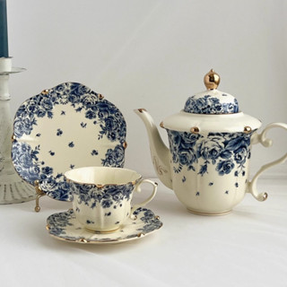 輕奢復古藍花陶瓷茶具描金下午茶杯/咖啡杯碟/咖啡壺/甜品盤/高檔花茶壺/子母壺套裝
