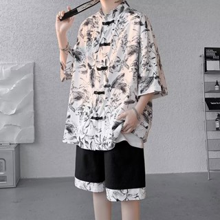 冰絲套裝男 M-3XL 日系古著短袖花襯衫休閒短褲男 夏季薄款沙灘風兩件套