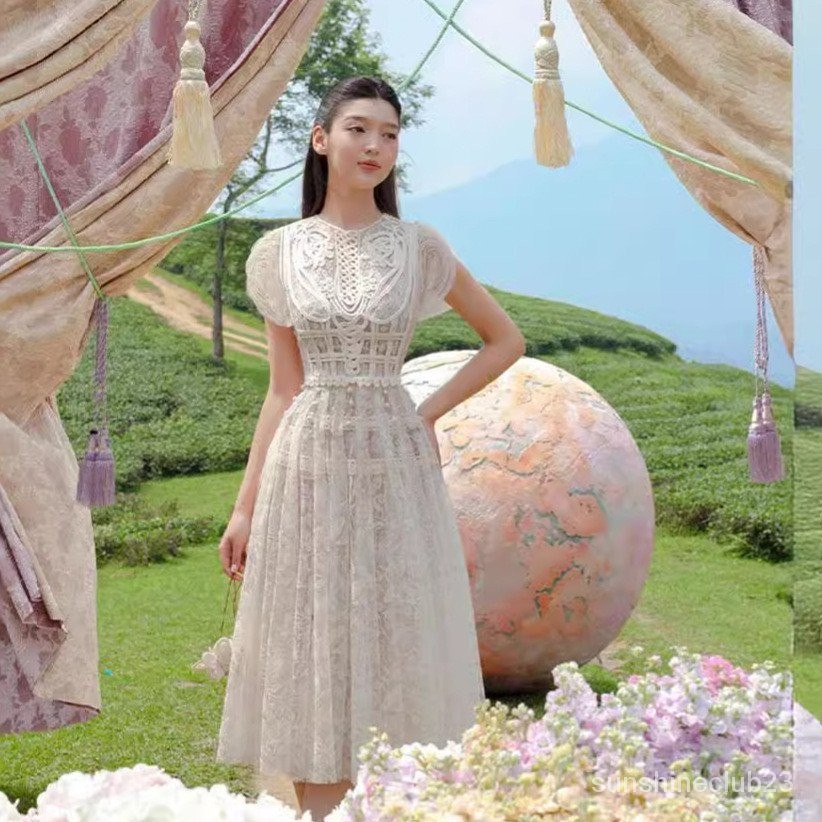 「SUNSHINE CLUB 」越南小眾設計師2024夏季顯瘦蕾絲露肩小清新千金洋裝淑女裝