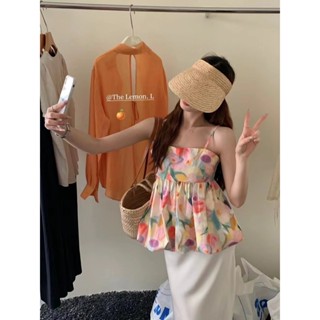 夏季法式甜美油畫吊帶上衣女韓版時尚無袖背心娃娃小衫