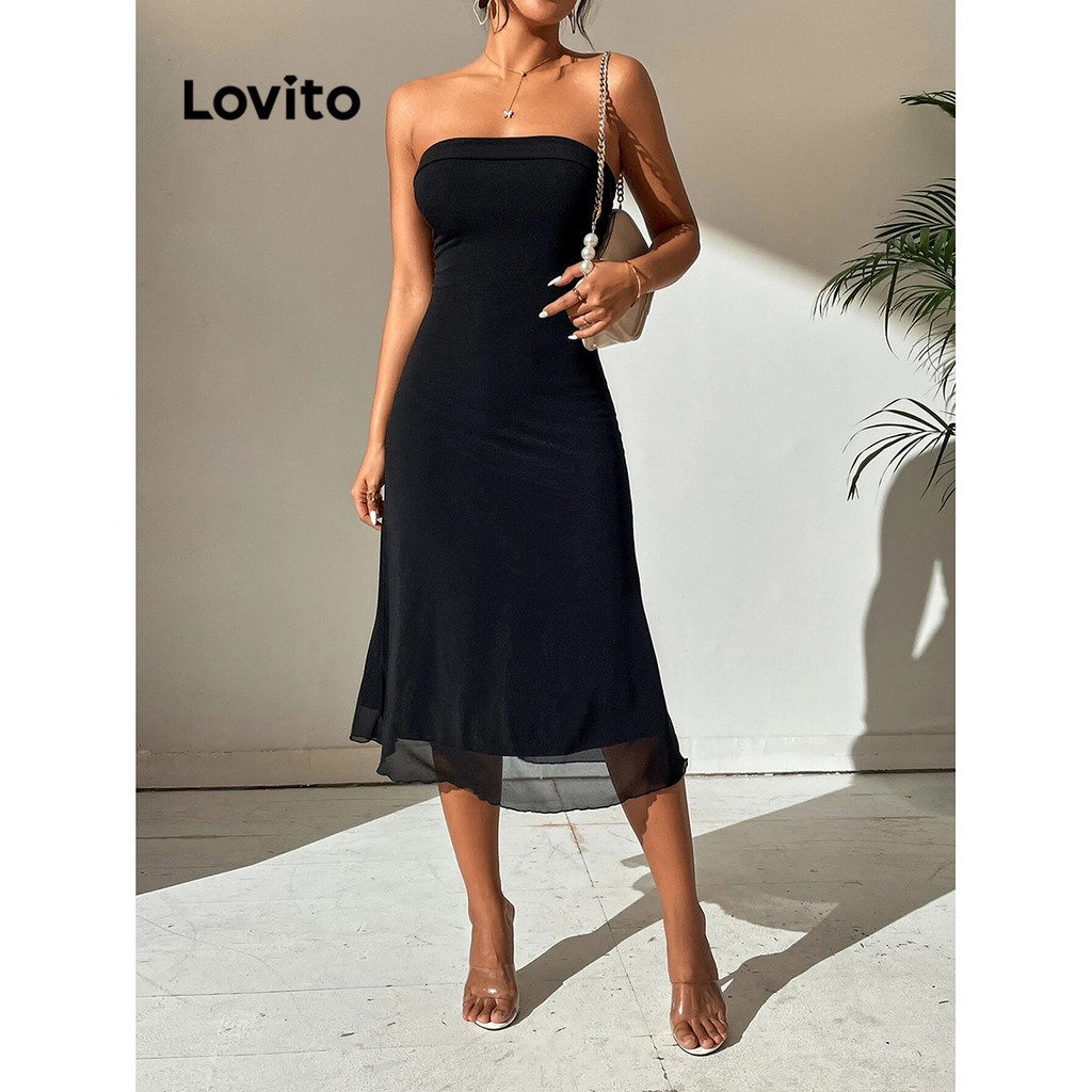 Lovito 女款優雅素色網紗拼接連身裙 LBL08424