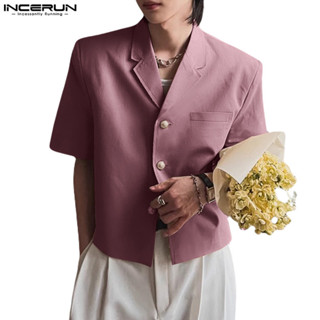 Incerun 男士韓版休閒西裝領純色短袖西裝外套