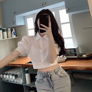 💖臺灣出貨💖泡泡袖襯衫 短袖襯衫 短版上衣 女裝 夏季新款設計感小眾白色襯衣短款辣妹風甜美減齡上衣