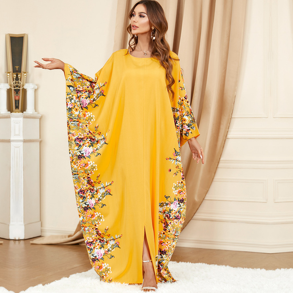3422中東穆斯林黃色蝙蝠袖跨境外貿服裝寬鬆時尚大尺碼洋裝