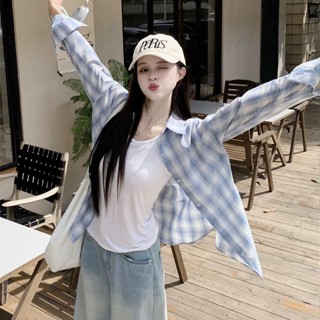 韓系藍色格子防曬襯衫✨慵懶風休閒外套 抗UV寬鬆長袖襯衣 百搭顯瘦 出遊必備⚡限時免運