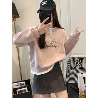 MOMO圓領假兩件衛衣女2025早春款印花長袖上衣小個子寬鬆顯瘦短款外套DYJ☆