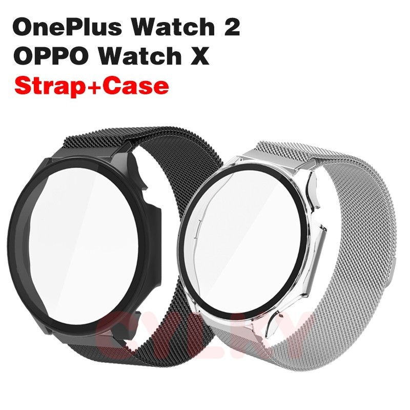 適用於 OPPO Watch X 錶帶 OnePlus Watch 2 不銹鋼磁性錶帶錶殼 PC 鋼化玻璃在一起