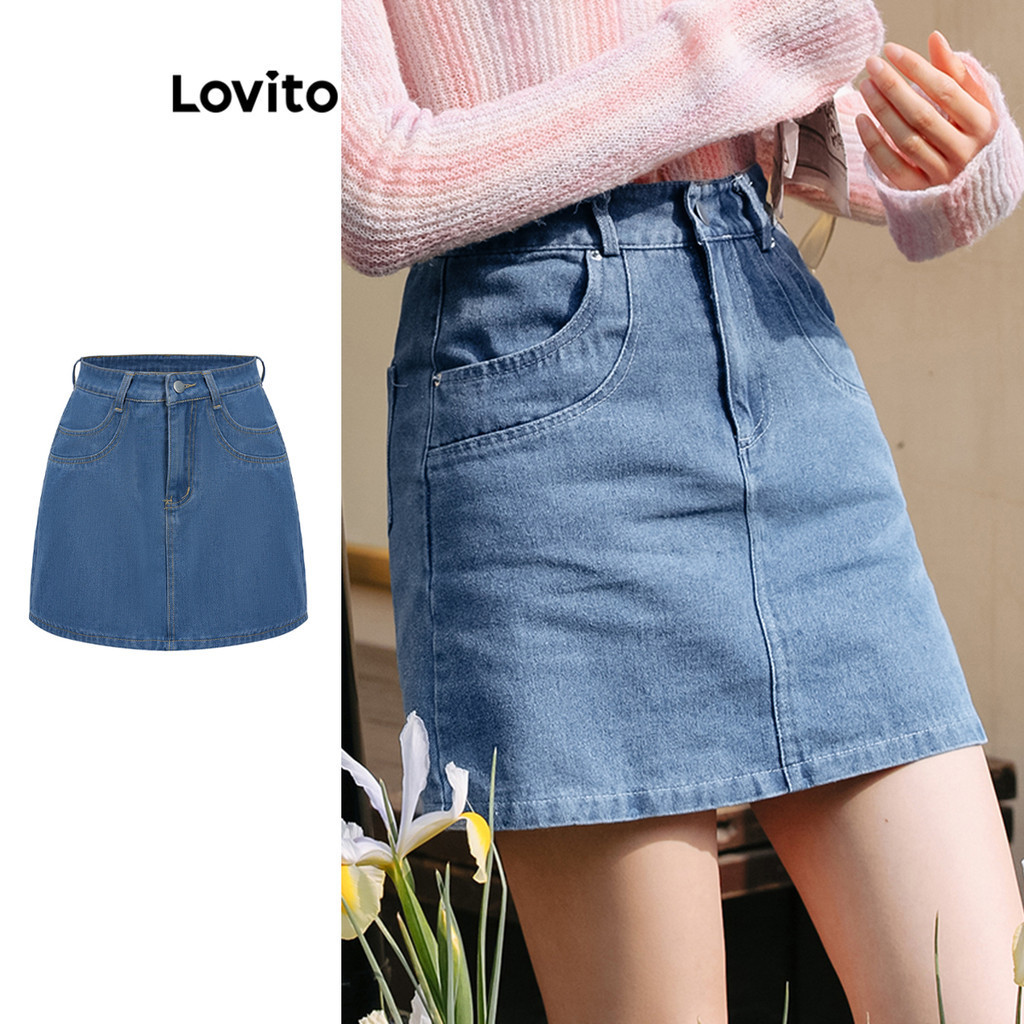 Lovito 女式復古素色假口袋牛仔裙 L86ED399