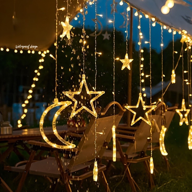 太陽能星月燈串,led 窗簾燈,聖誕花環,8 種閃爍模式的太陽能童話燈,適用於齋月臥室,適用於北歐假日婚禮派對花園