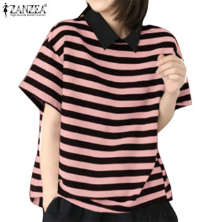 Zanzea 女式韓版休閒翻領短袖條紋襯衫