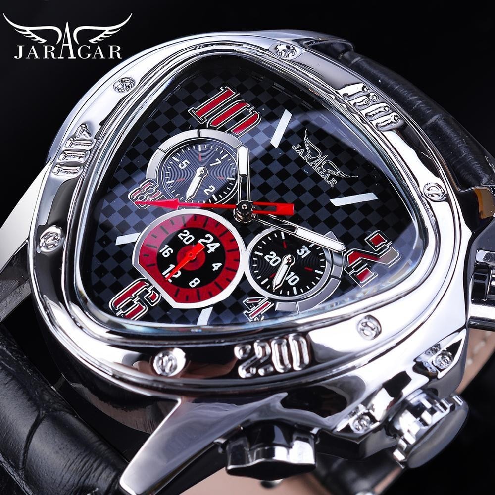 Jaragar 頂級品牌男士手錶運動立體三角形設計男士機械腕錶時尚商務皮革錶帶男士手錶時鐘 Reloj Hombre