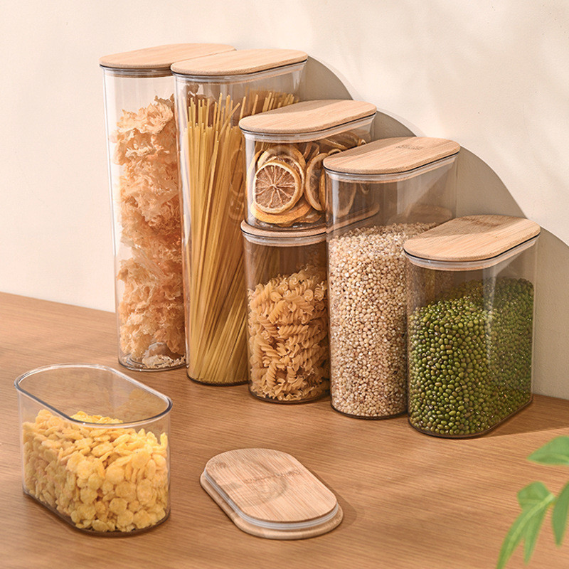 日式五穀雜糧收納盒 大容量食品級塑膠廚房密封罐盒 竹蓋透明收納罐