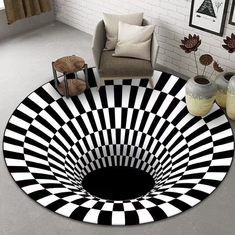 眩暈地毯歐式網紅圓形黑白格子3d眩暈地毯家用客廳房間卧室吸水圓形地毯ins搞怪地毯