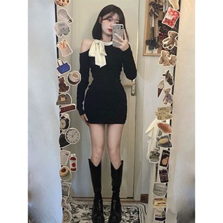 【洋裝專賣店+免運】生日禮服小黑裙長袖連衣裙子女秋季新款小個子辣妹包臀後媽裙