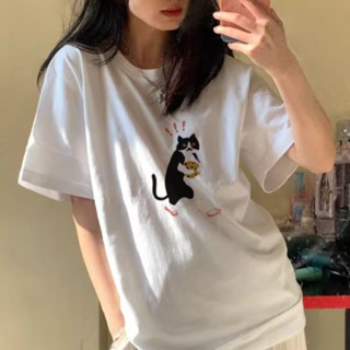 【Wen's Shop🍀臺灣】夏季女生新款短袖上衣 休閒大尺碼oversize純棉女T恤 日本潮牌小偷貓設計款短T454