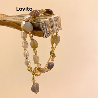 Lovito 復古素色雙層珍珠串珠玉石巴洛克新中式女手鍊 LFA78095
