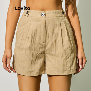 Lovito 波西米亞女式素色鈕扣褶襉側拉鍊短褲 LBL09105