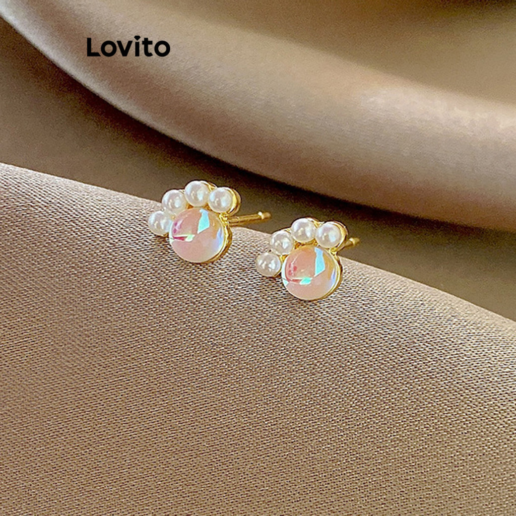 Lovito 女士優雅素色珍珠水鑽耳環 LFA27400