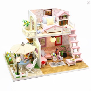 Uurig)娃娃屋微型 DIY 木製娃娃屋套件帶家具帶 LED 燈光音樂粉色閣樓