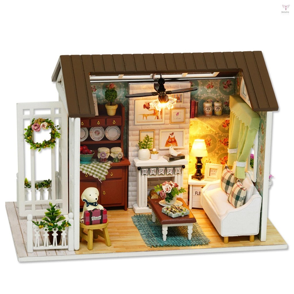 Uurig)diy 微型娃娃屋套件逼真的迷你 3D 木製房屋房間工藝帶家具 LED 燈兒童節生日聖誕禮物