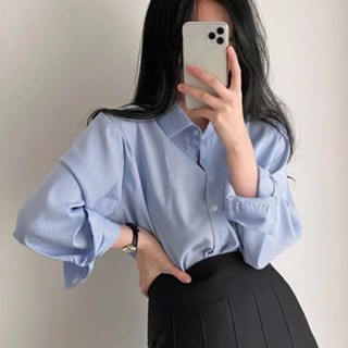 韓國chic 復古條紋polo領長袖襯衫寬鬆慵懶小外套女上衣襯衫