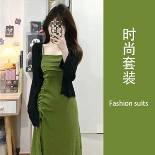 7RXV 設計感辣妹收腰顯瘦初戀綠色吊帶洋裝夏季新款針織小外套套裝