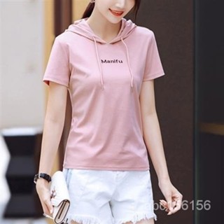 韓國風短袖連帽T恤女夏季新款時尚休閒緊身繡花T恤衫純棉帶帽上衣女歐貨