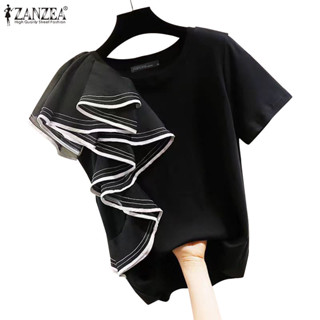 Zanzea 女式韓版時尚圓領短袖荷葉邊拼接 T 恤