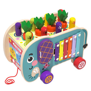 兒童木製玩具 大象打地鼠敲琴 拖拉敲打 配對多功能玩具 親子互動益智玩具