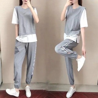 單/兩件套 運動女生套裝夏新款時尚寬松洋氣假兩件上衣運動兩件套潮 夏季套裝 短袖套裝 韓版套裝 女生套裝「樂購」