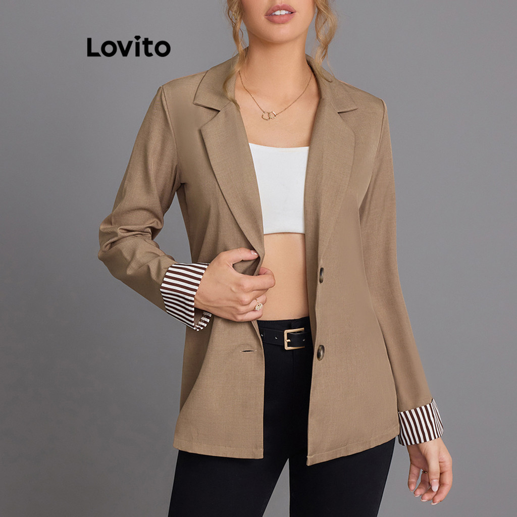 Lovito 女士休閒平紋布料拼接口袋西裝外套 LBL12460