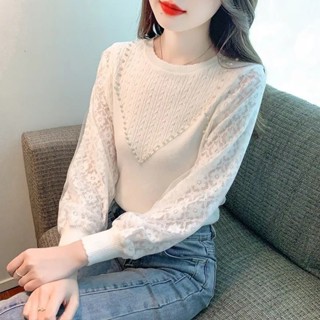 【Hun K】蕾絲拚接針織打底衫女2025新款春季女裝時尚洋氣時髦氣質長袖上衣