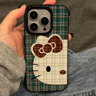 Ins綠色格子hello Kitty圖案拋光黑色手機殼防摔手機殼適用於iPhone 16 Promax 15 Proma
