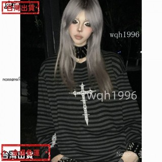 現+臺灣出貨 亞文化休閒慵懶T恤長袖條紋寬鬆中性秋季街頭搖滾朋克打底上衣女のの