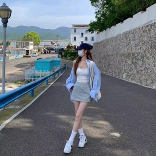 港風藍色襯衫 長袖襯衫 女生襯衣 襯衫外套 防曬襯衫 純棉襯衫 寬鬆廓形襯衣 素色防曬衫 學院風襯衫上衣 百搭休閒