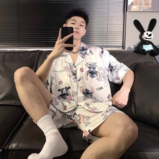 【1020人好評】韓系史迪仔冰絲睡衣男卡通短袖薄款可外穿高階感家居服套裝現貨 新款 25-3-28