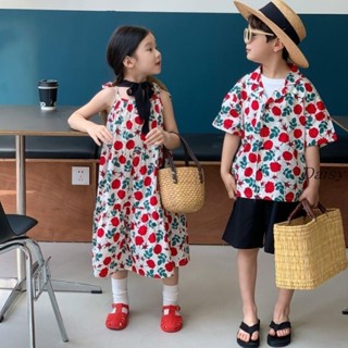 臺灣出貨❤❤兄妹裝 姐弟裝兒童夏季套裝 女童復古花朵弔帶裙 男童短袖花襯衫 潮流姐弟裝 女孩弔帶連身裙洋裝 男孩套裝兩件
