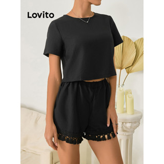 Lovito 女款休閒素色流蘇水滴彈性腰短褲套裝 LBL09170