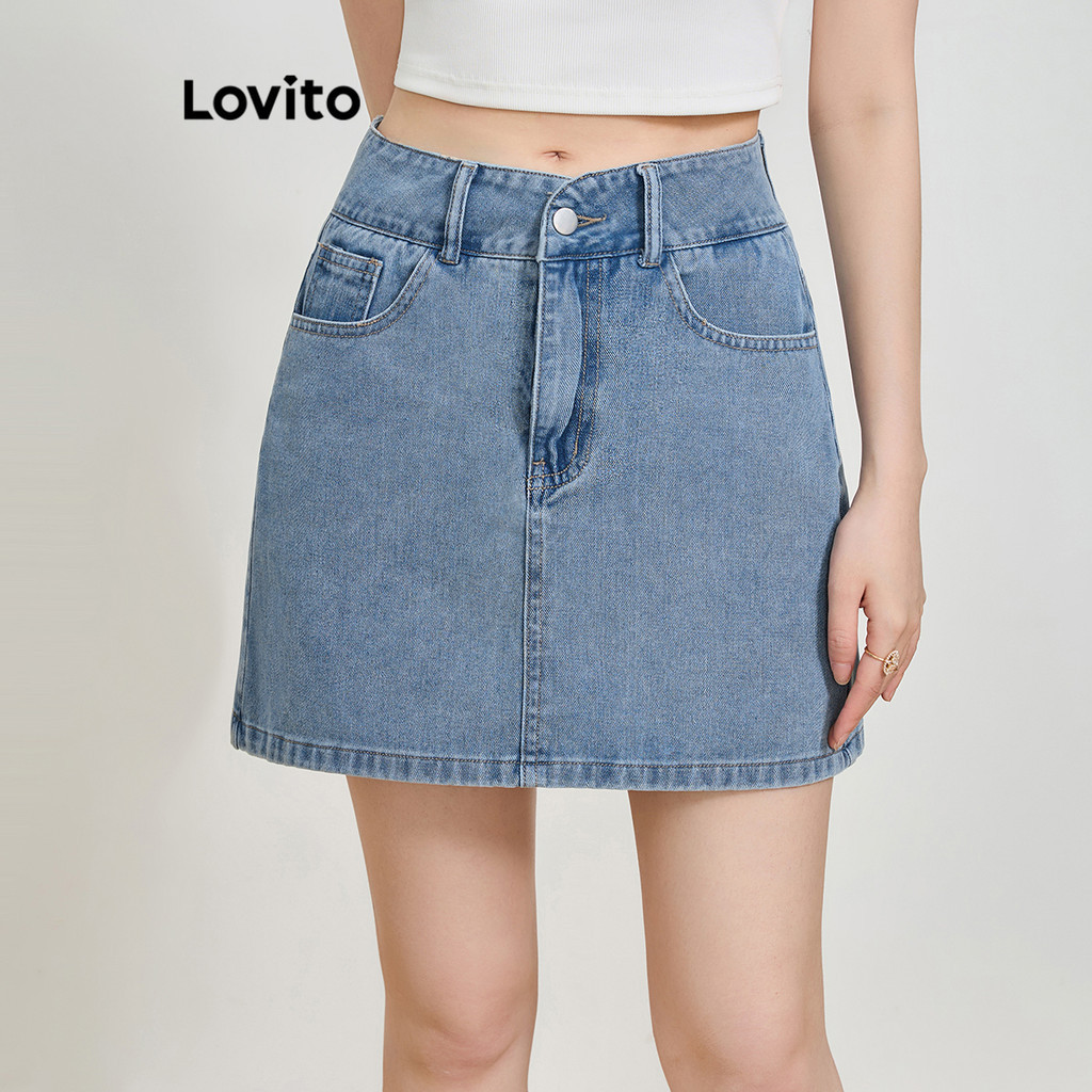 Lovito 女款休閒素色口袋牛仔裙 L83EN030